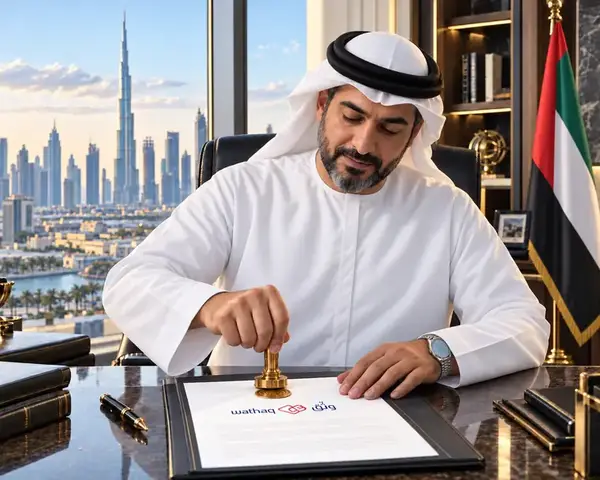 Notary in Dubai stamping an official document with a gold seal, Emirates ID and passport on the desk
